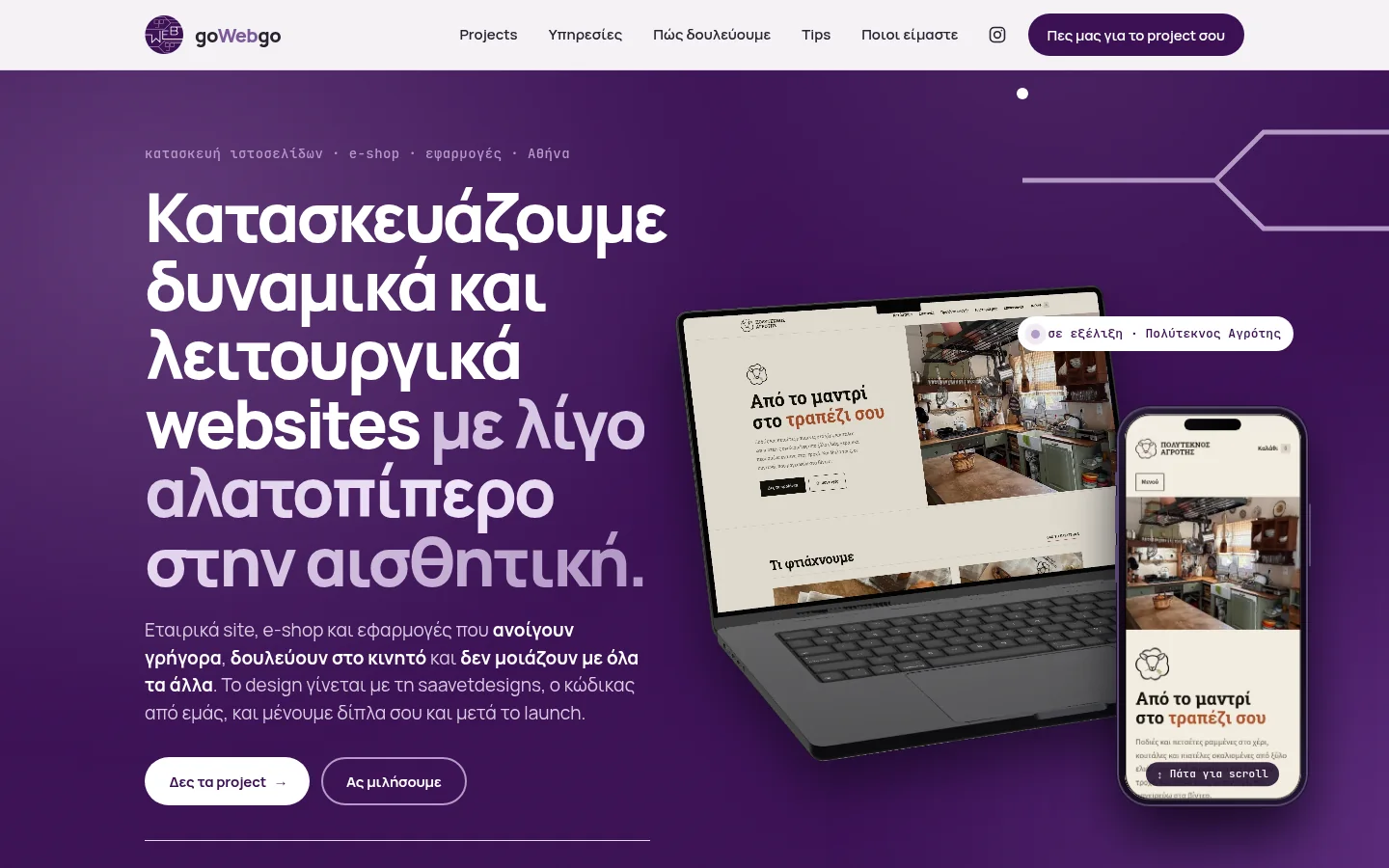Η αρχική του gowebgo.gr σε υπολογιστή: μωβ φόντο, το σήμα στη μπάρα και μια γραμμή κυκλώματος πάνω δεξιά