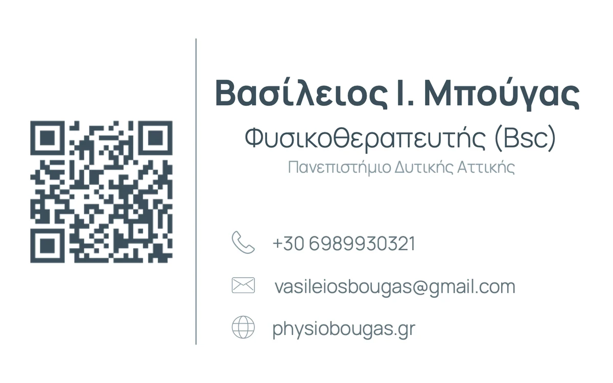 Η πίσω όψη της κάρτας: όνομα, ιδιότητα, στοιχεία επικοινωνίας και QR για το site